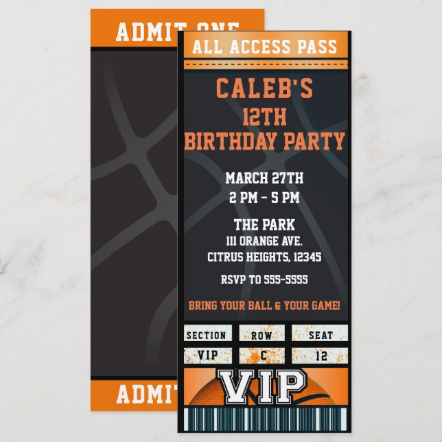 Invitation Billet VIP pour fête d'anniversaire de basketball  (Devant / Derrière)