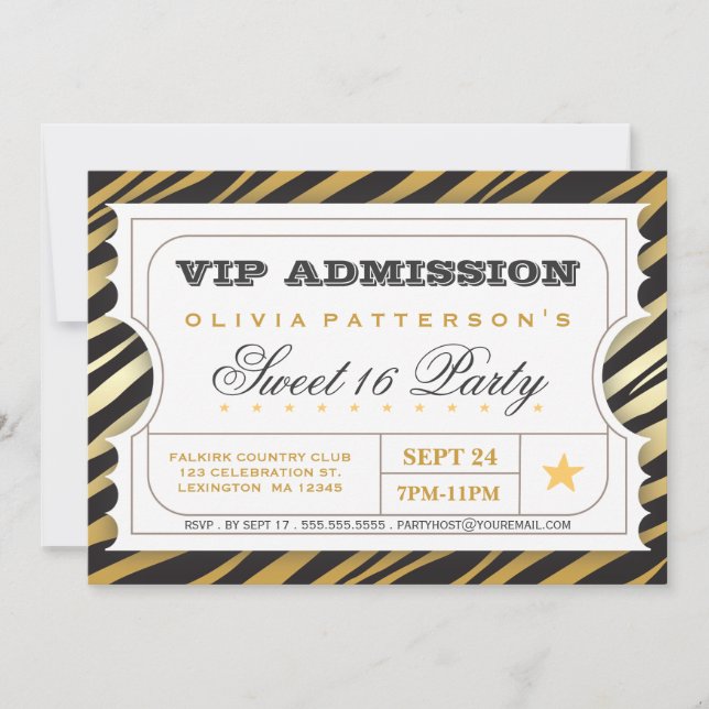 Invitation Billet VIP Zebra Glam Sweet 16 Anniversaire (Devant)