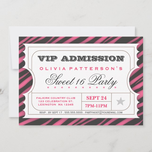 Invitation Billet VIP Zebra Glam Sweet 16 Anniversaire (Devant)
