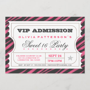 Invitation Billet VIP Zebra Glam Sweet 16 Anniversaire