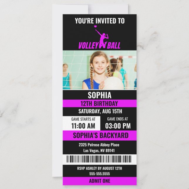 Invitation Billet Volley-ball noir violet photo Anniversaire (Devant)