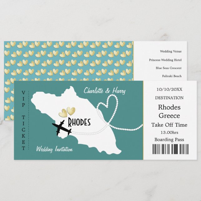 Invitation Billet Voyage Embarquement Pass Rhodes Mariage gre (Devant / Derrière)
