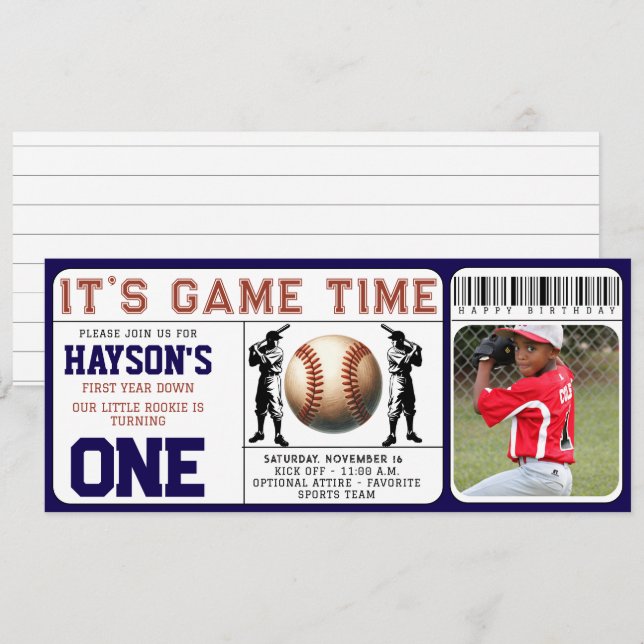 Invitation Billets de base-ball première année bas 1er annive (Devant / Derrière)