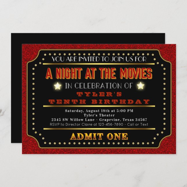 Invitation Billets de cinéma fête d'anniversaire (Devant / Derrière)