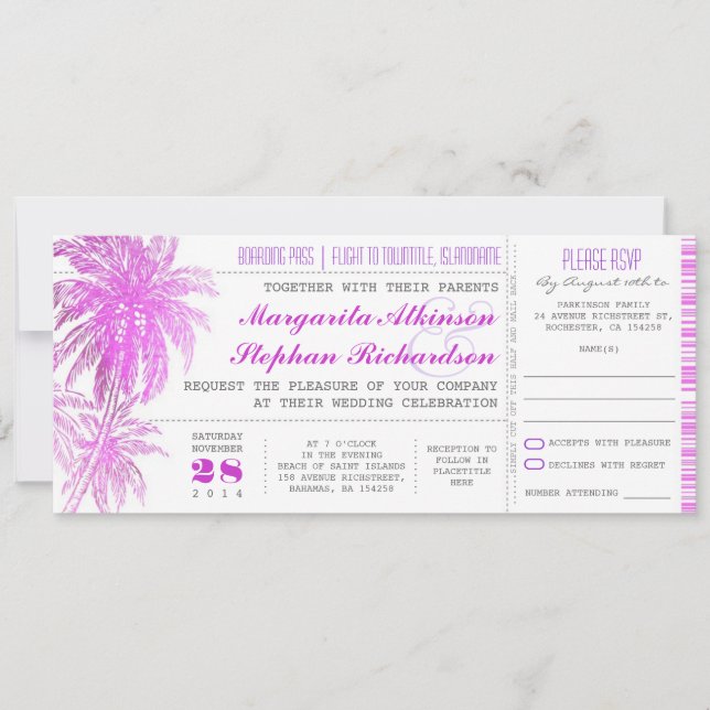 Invitation billets de mariage violet plage -carte d'embarquem (Devant)