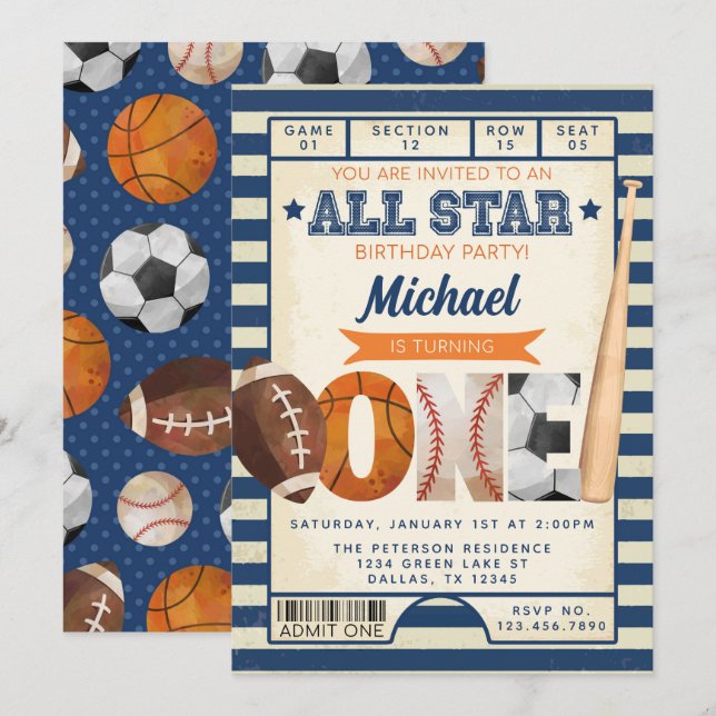 Invitation Billets de sport 1er anniversaire (Devant / Derrière)