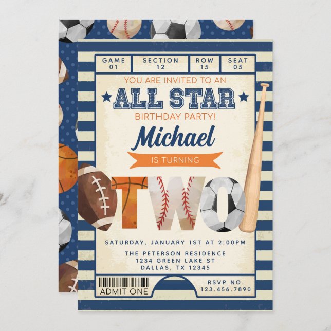 Invitation Billets de sport 2e fête d'anniversaire (Devant / Derrière)