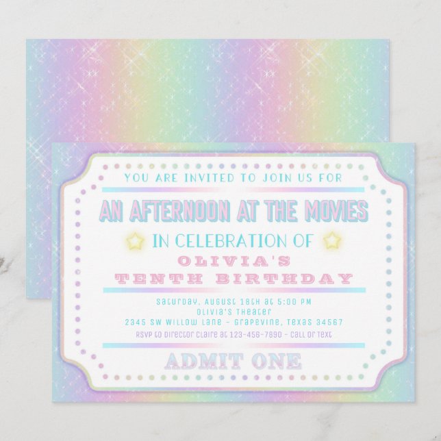 Invitation Billets Rainbow Movie Anniversaire (Devant / Derrière)