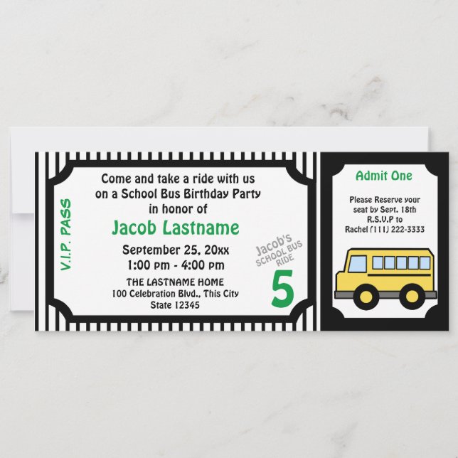 Invitation Billetterie d'autobus scolaire pour l'anniversaire (Devant)