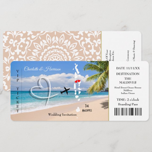 Invitation Billetterie Maldives de mariage de destination  (Devant / Derrière)
