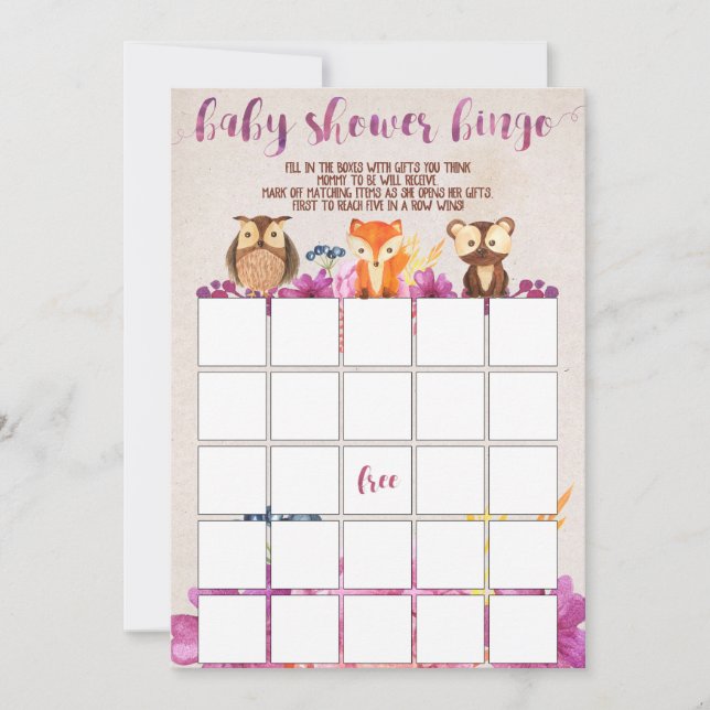 Invitation Bingo Baby shower des animaux forestiers (Devant)