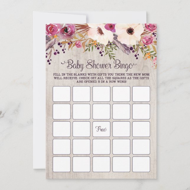 Invitation Bingo Baby shower Jeu Rustique Boho Fleurs Floral (Devant)