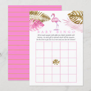Invitation Bingo de Baby Shower Tropical Flamant Rose et Or