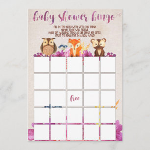 Invitation Bingo du Baby shower des animaux de forêt de Woodl