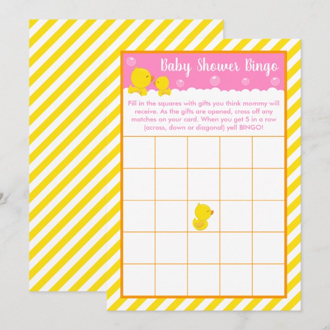 Invitation Bingo en caoutchouc Ducky Jaune et Baby shower ros (Devant / Derrière)