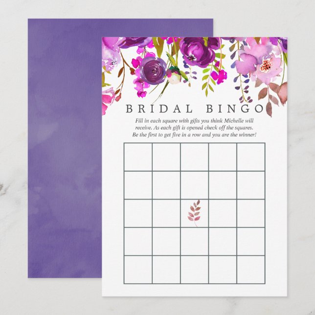 Invitation Bingo Fête des mariées d'aquarelle violet et viole (Devant / Derrière)