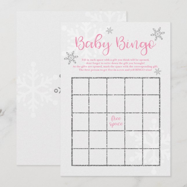 Invitation Bingo pour bébé rose et argent d'hiver (Devant / Derrière)