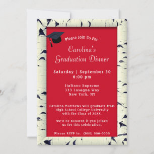 Invitation Birch Tree Bark Frame Red Dinner Casquette Graduat