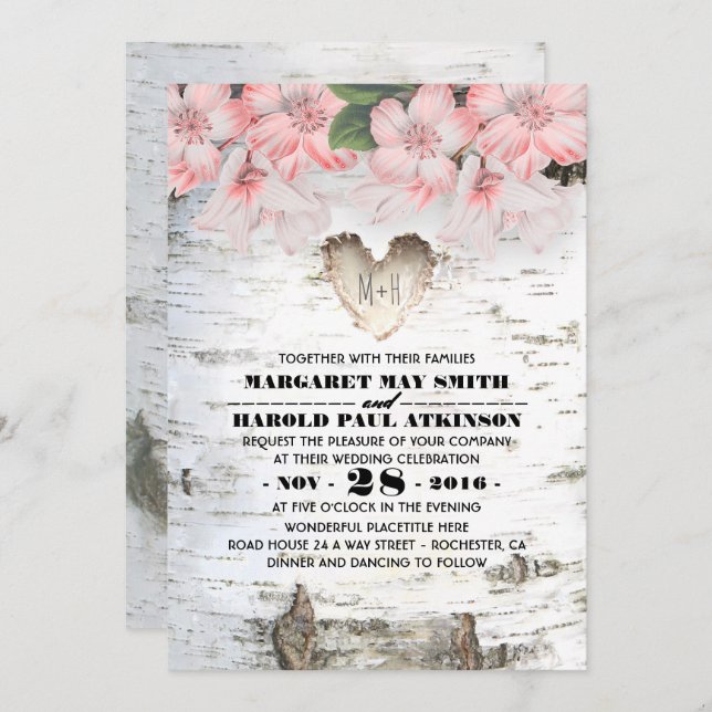 Invitation Birch Tree Bark Heart Mariage campagnard rustique (Devant / Derrière)