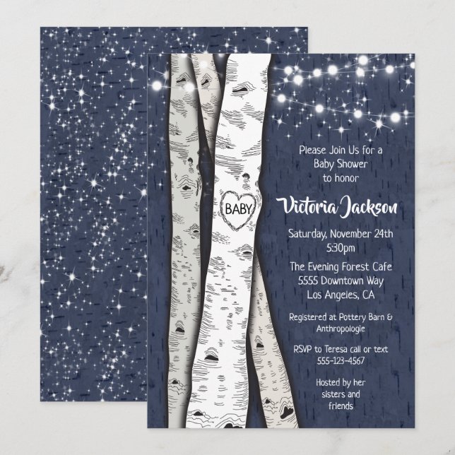 Invitation Birch Tree Soirée Twinkle Lights Baby shower (Devant / Derrière)