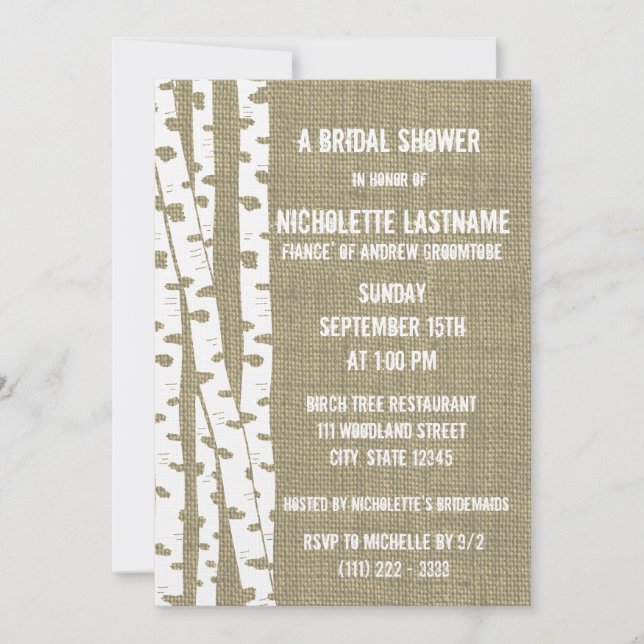 Invitation Birch Trees et Fête des mariées Burlap (Devant)