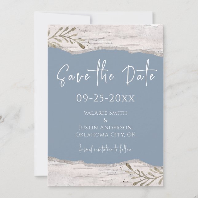 Invitation Birch Wood Dust Blue Wedding Enregistrer la date (Devant)