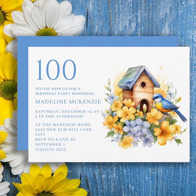 Invitation Bird Birdhouse Blue Jaune Fleurs 100e anniversaire (Yellow and blue flowers, blue bird and birdhouse 100th birthday party invitation)