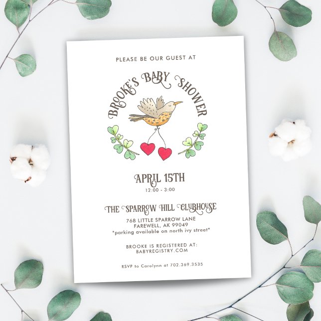 Invitation Bird de printemps avec des coeurs Baby shower mign (Créateur téléchargé)