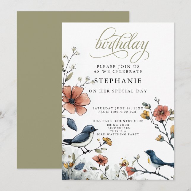 Invitation Bird Lovers Birthday Party (Devant / Derrière)