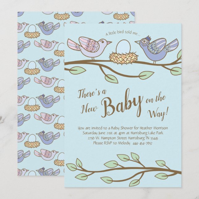 Invitation Bird Spring Baby shower Co-Ed Genre Neutre (Devant / Derrière)