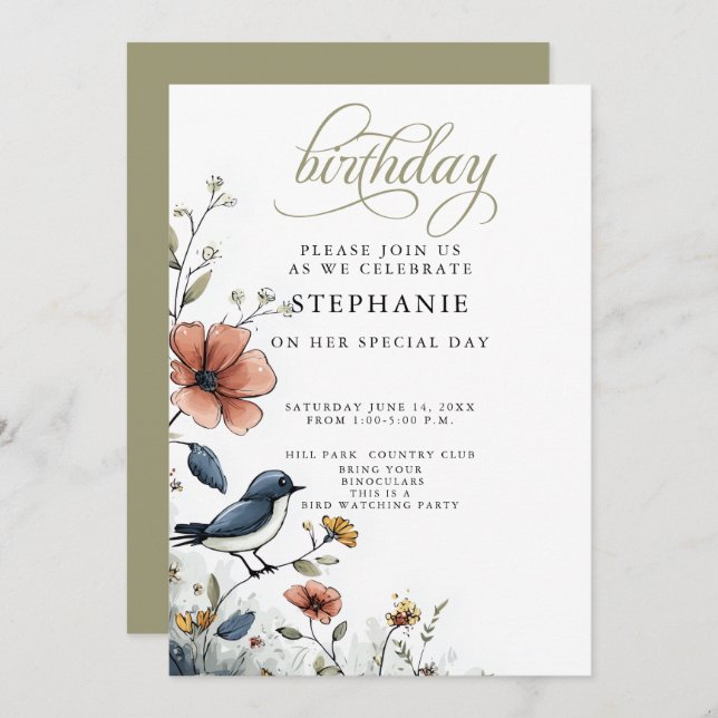 Invitation Bird Watchers Birthday Party (Devant / Derrière)