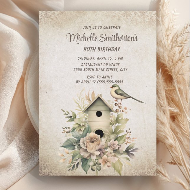 Invitation Birdhouse Botanical Nature 80e anniversaire (Rustic, vintage birdhouse women's 80th birthday party invitation)