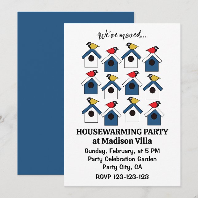 Invitation Birdhouse Oiseaux colorés Nous avons déplacé Birdh (Devant / Derrière)