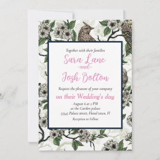 Invitation Birds and cherry blossom on white