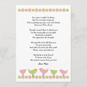 Invitation Birds baby shower merci notes / vert rose
