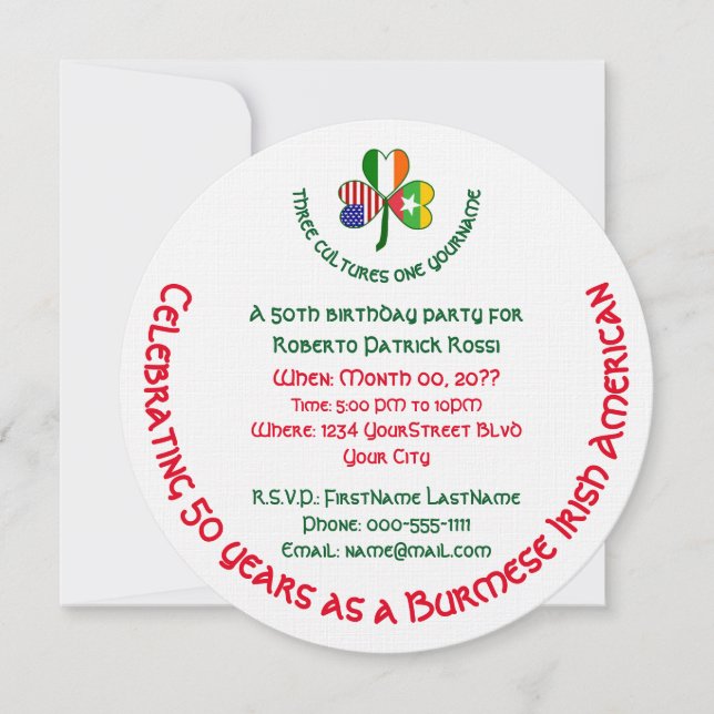 Invitation Birman Myanmar Irish USA Shamrock Anniversaire (Devant)