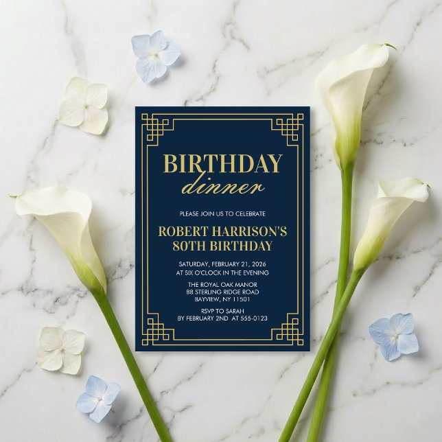 Invitation Birthday Dinner Elegant Navy Gold 80th (SEE FULL SUITE AT BOTTOM)