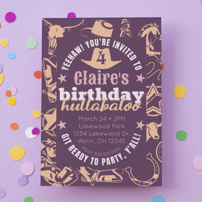 Invitation "Birthday Hullabaloo" Fête d'anniversaire de la pe (cowgirl birthday party invitation purple cowboy hat western theme "birthday hullabaloo) Cute modern )