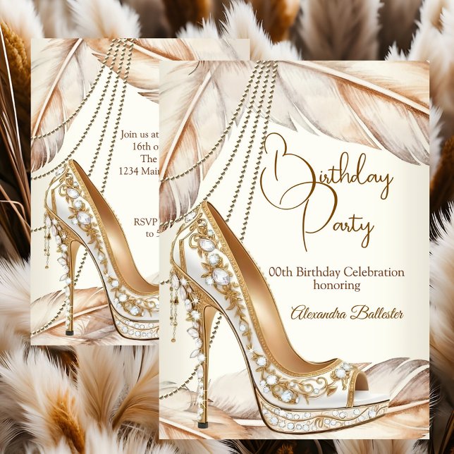 Invitation Birthday Party Beige Cream Gold Heel Stiletto Shoe (Créateur téléchargé)