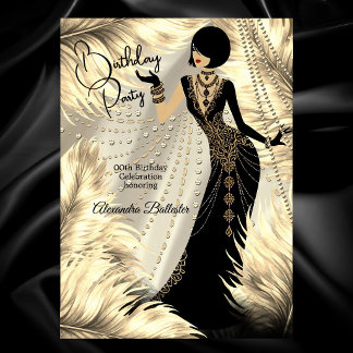 Invitation Birthday Party Cream Gold Black Dress Feathers
