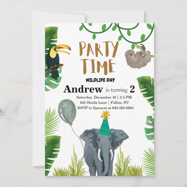 Invitation Birthday party wildlife jungle animals  (Devant)