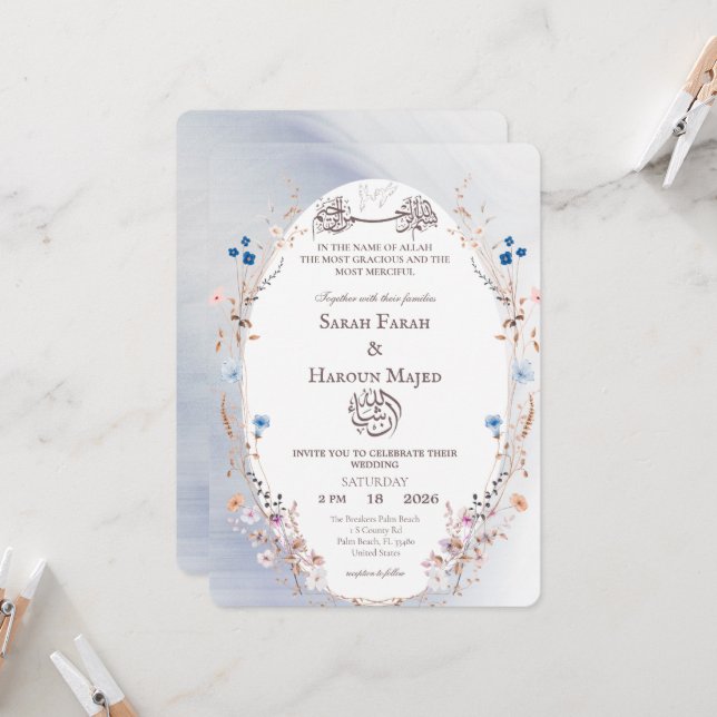 Invitation Bismillah Blue & Gold Muslim Nikkah Card (Devant/Arrière en situation)