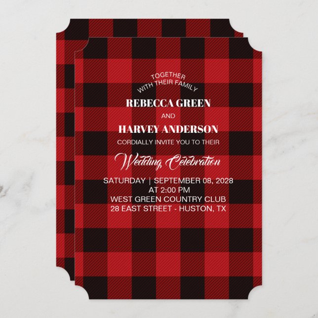 Invitation bison rouge plaid bûcheron rustique mariage d'hive (Devant / Derrière)