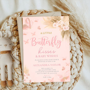 Invitation Bisous de papillon & Vœux Fleurs roses Baby Shower