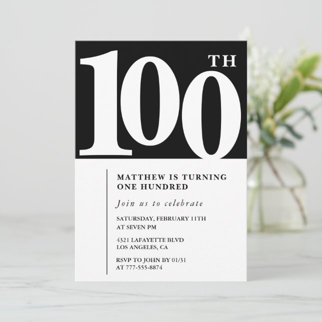 Invitation Black 100e anniversaire Elegant Chic (Debout devant)
