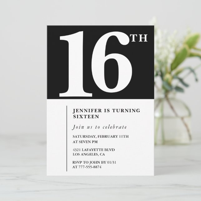 Invitation Black 16e anniversaire Elegant Chic Sim (Debout devant)