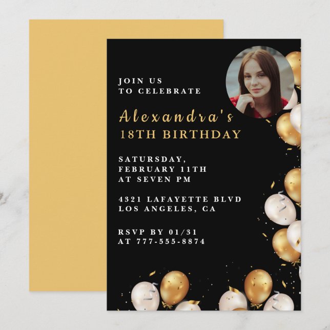 Invitation Black 18e anniversaire Gold Balloon Pho (Devant / Derrière)