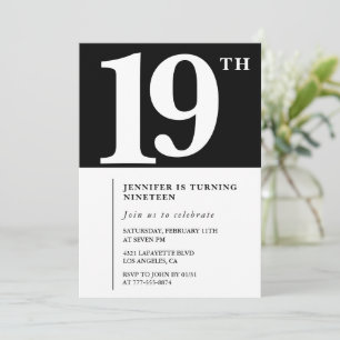 Invitation Black 19e anniversaire Elegant Chic Gir