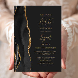 Invitation Black Agate Elegant Mariage de script or