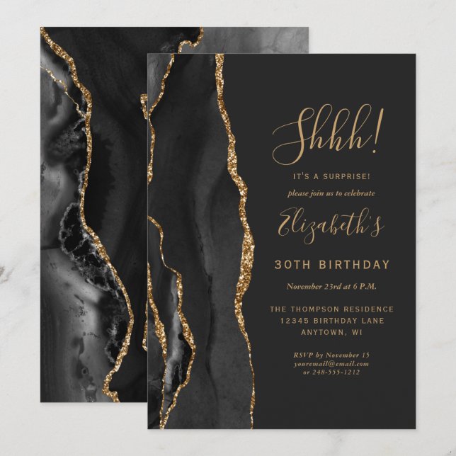 Invitation Black Agate Gold Surprise fête d'anniversaire (Devant / Derrière)